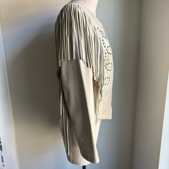 Patricia Wolf Pearlized Leather Fringe Jacket Beige Women’s 10 Made in Texas - Picture 5 of 13